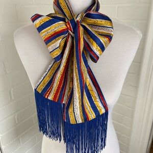 Classic 1990 Striped Jewel Tones Multicolor Dress Scarf with Fringe Edges